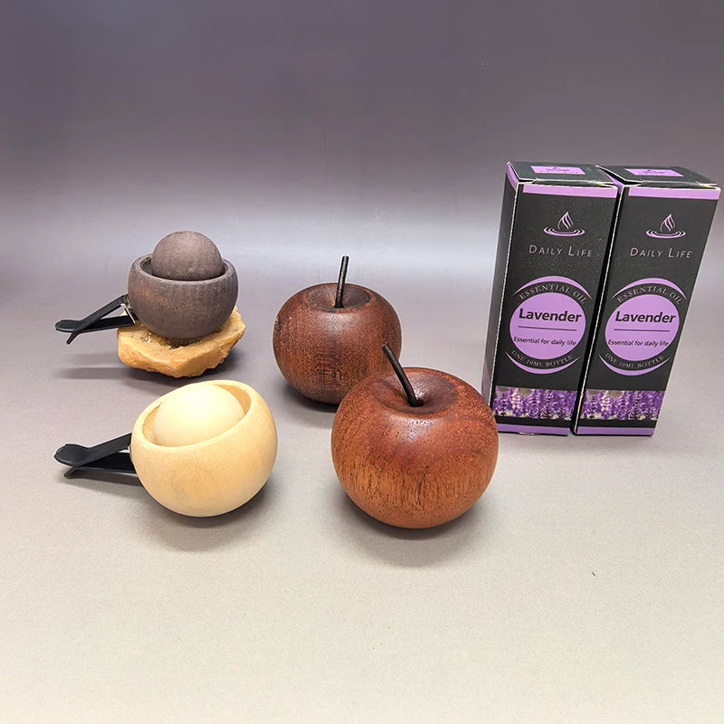 Wooden Oil Diffuser with Essential Oil Set，2pcs Apple Style+2pc Sphere+2 Bottles Essential Oil,for Bedroom Living Room Car Decor Oasis Select lavender set