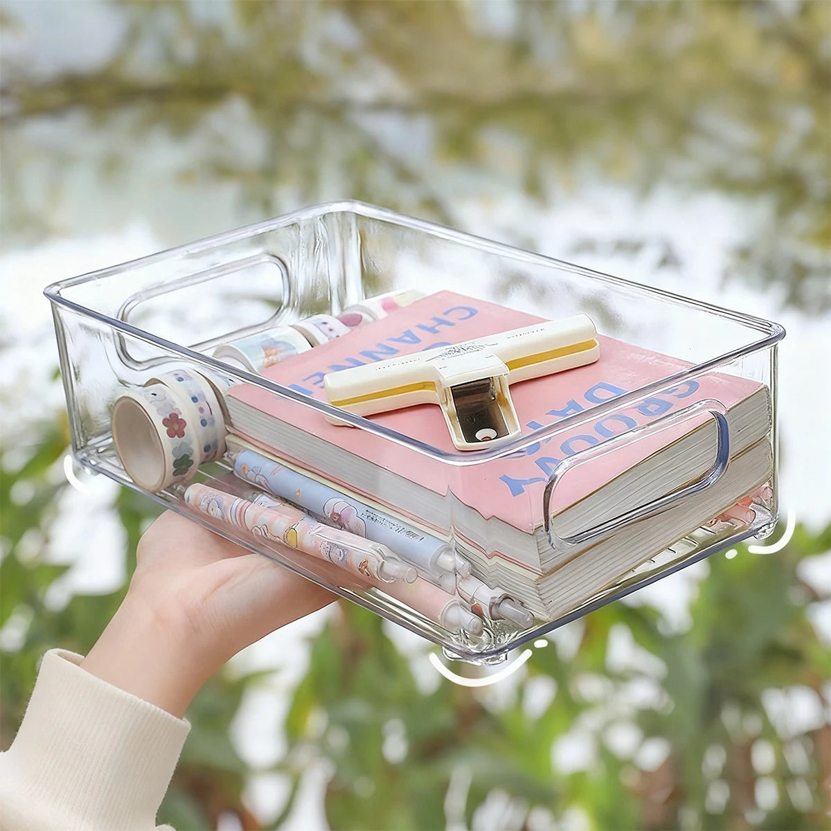 1pc/2pcs Handheld Stackable Acrylic Stationery Skincare Storage Box Desktop Cosmetics Bathroom Office Miscellaneous Storage Box Oasis Select