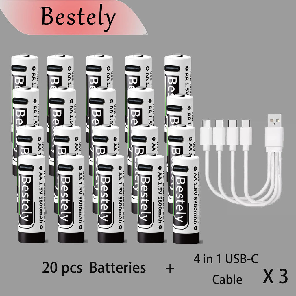 Bestely USB 1.5V AA 5800mAh Lithium ion Rechargeable Battery, AA Fast Charging Li-ion Akku , 2000 Cycle with USB- C Port Cables Oasis Select 20 pcs batteries