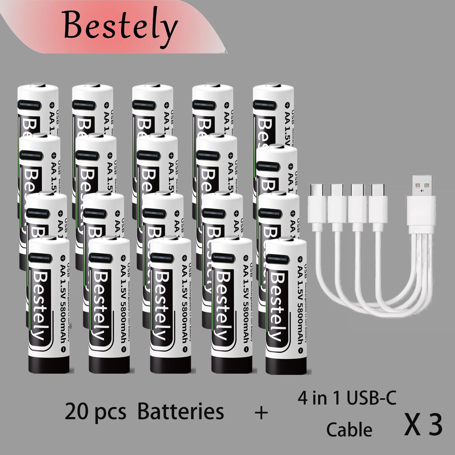 Bestely USB 1.5V AA 5800mAh Lithium ion Rechargeable Battery, AA Fast Charging Li-ion Akku , 2000 Cycle with USB- C Port Cables Oasis Select 20 pcs batteries