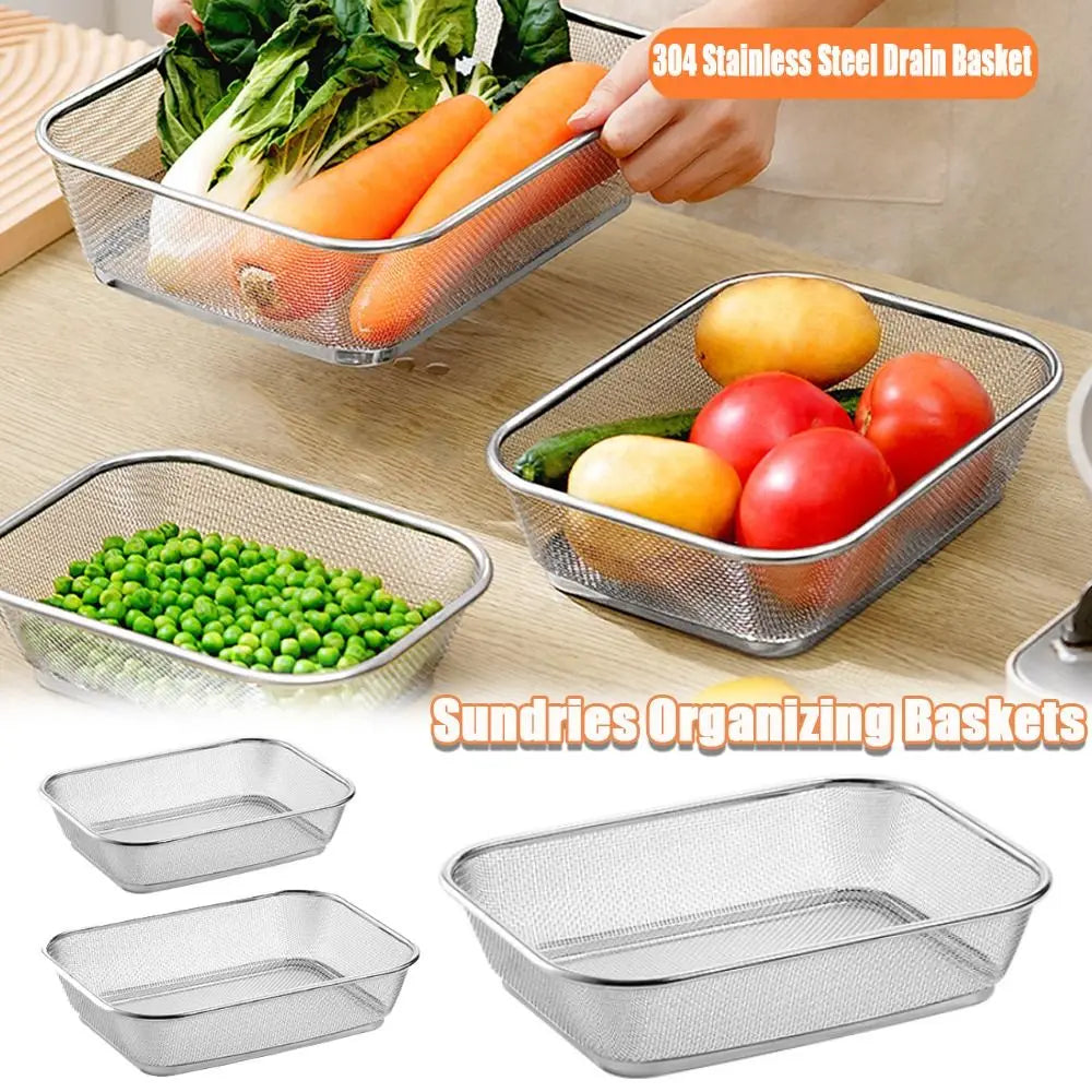 Simple Square Drain Basket Stainless Steel Hollow Out Rice Washing Basin Thickened Kitchen Storage Basket Oasis Select