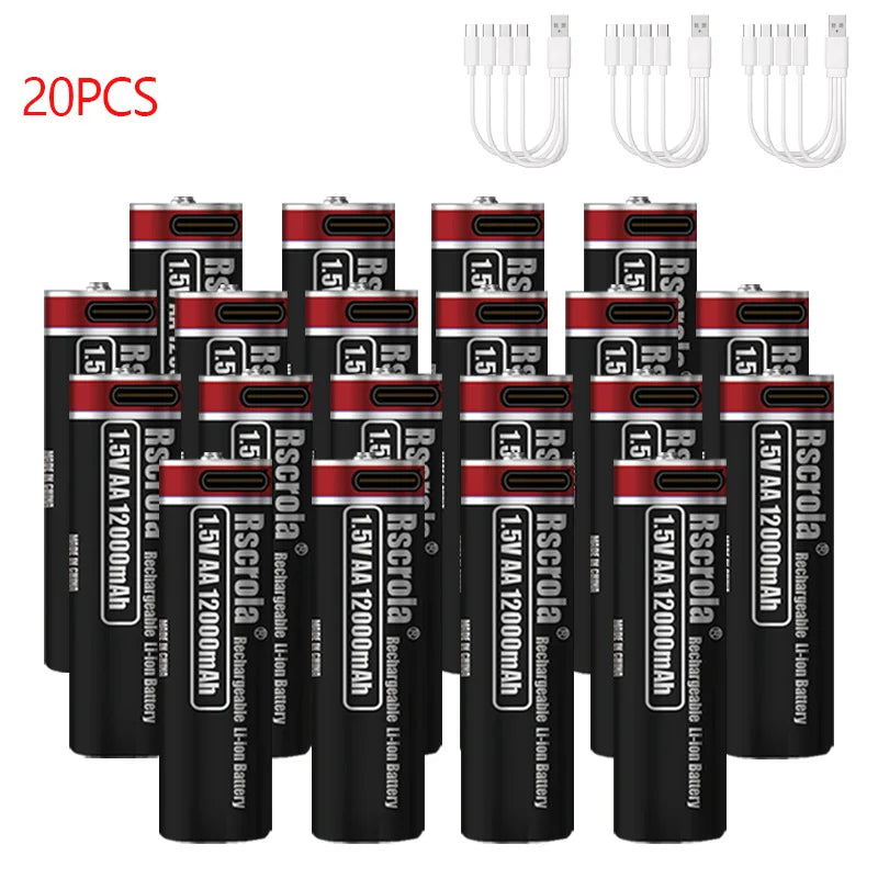 1.5V AA Rechargeable Lithium Battery 12000mAh with Type-C Cable, Stable Output for Camera, Mouse, Toys, Flashlight Oasis Select 20 PCS AA Batteries