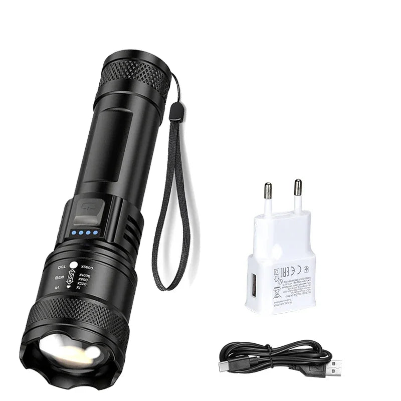Super Bright LED Flashlight Type-C Rechargeable Long Range Tactical Torch Outdoor Waterproof Emergency Camping Fishing Lantern Oasis Select with EU