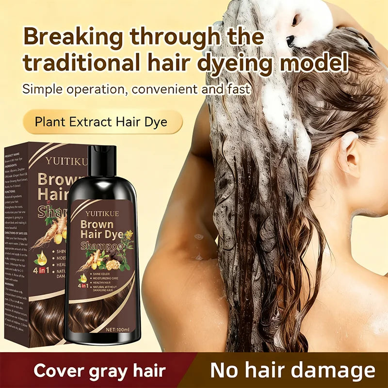 YUITIKUE Brown Hair Dye Shampoo – 4-in-1 Gray Coverage 100ml