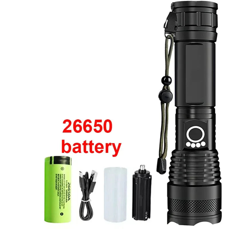P50 High Power LED Tactical Flashlight Rechargeable Torch Aluminum Alloy Telescopic Zoom Torch Lamp for Outdoor Camping Fishing Oasis Select 26650 battery