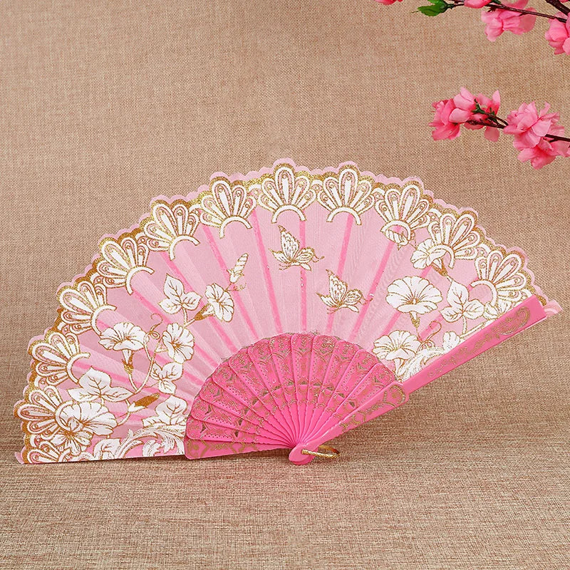 Chinese Style Folding Dance Fans Wedding Party Lace Silk Hand Held Flower Fan Vintage Lace Hand Held Fan Women Girl Photo Prop Oasis Select