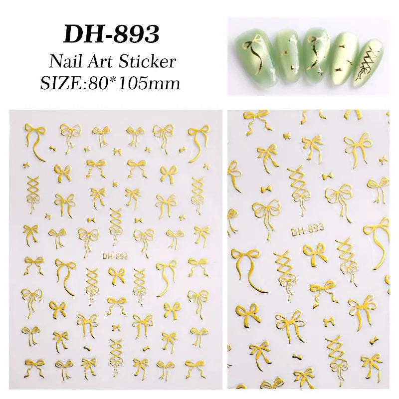 SUSU 1PC Bow Nail Art Stickers 3D Cute Red Pink Black Bowknot Nail Charms Foils Gold Laser Effect Bow Manicure Decor Oasis Select Gold