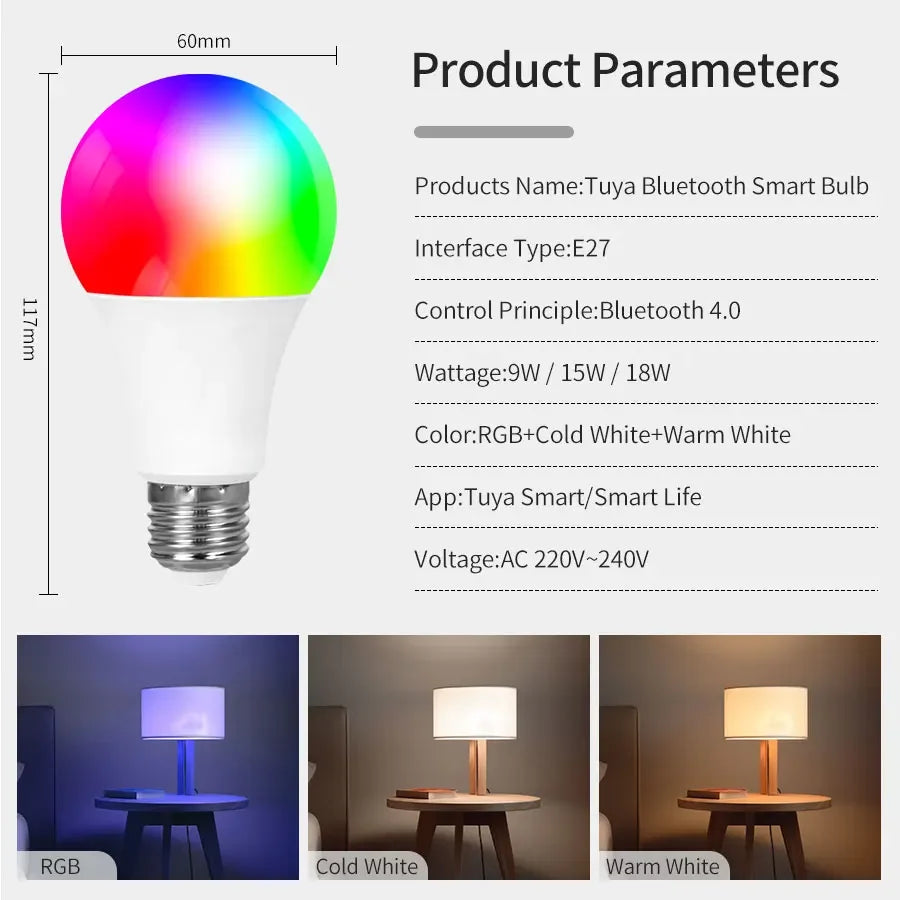 Tuya Smart LED Light Bulb E27 9W 220V Bluetooth RF Remote Group Control Smart Life RGB Spotlight For Bar Bedroom Decor Lighting Oasis Select