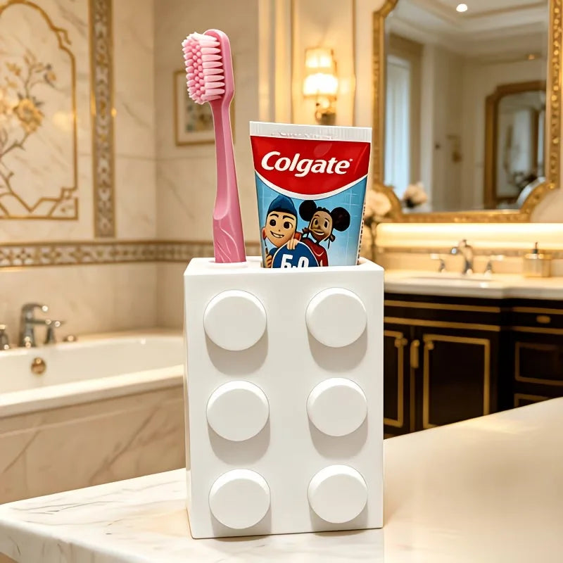 Cute Building Block Toothbrush Storage Rack Multi-Purpose Bathroom Counter Organizer Practical Washroom Vanity Accessory Decor Oasis Select A