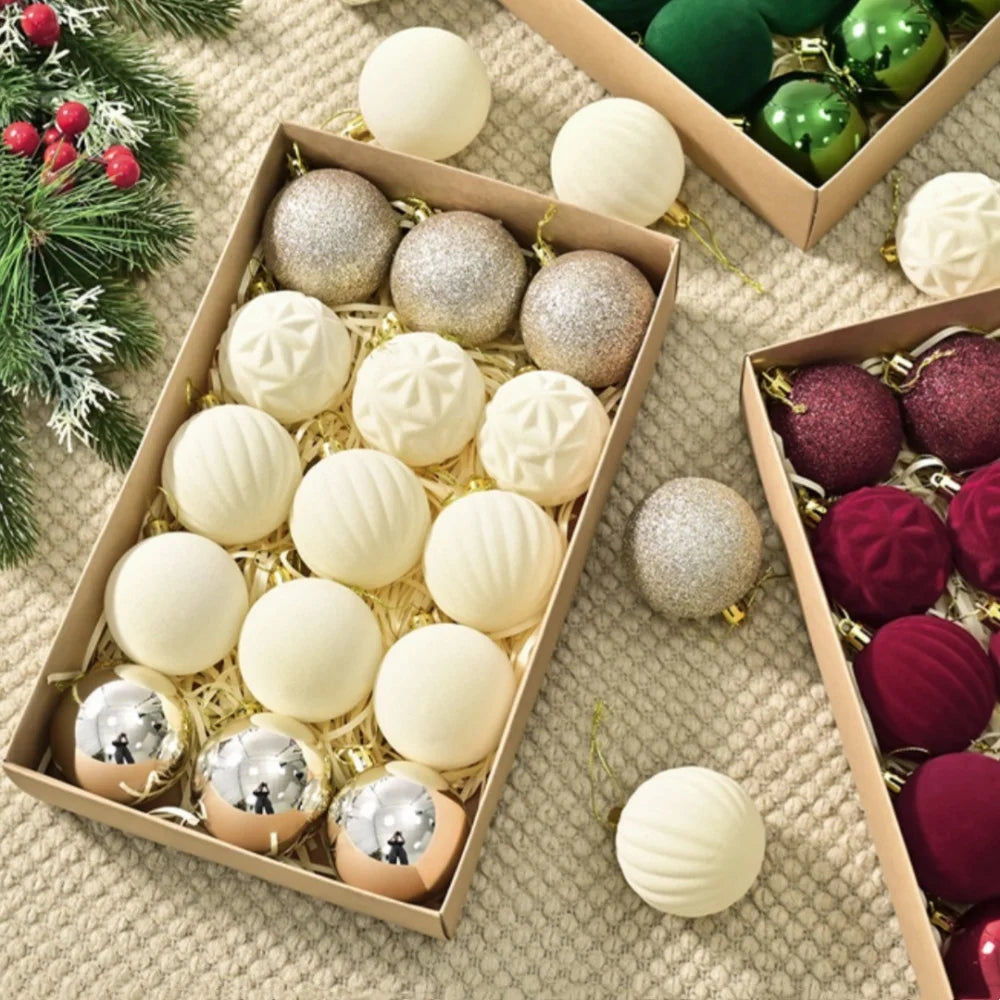 16PCS Flocked Christmas Ball Ornaments Velvet Xmas Tree Hanging Pendent Sparkling Powder Decorative Balls Christmas Decoration Oasis Select