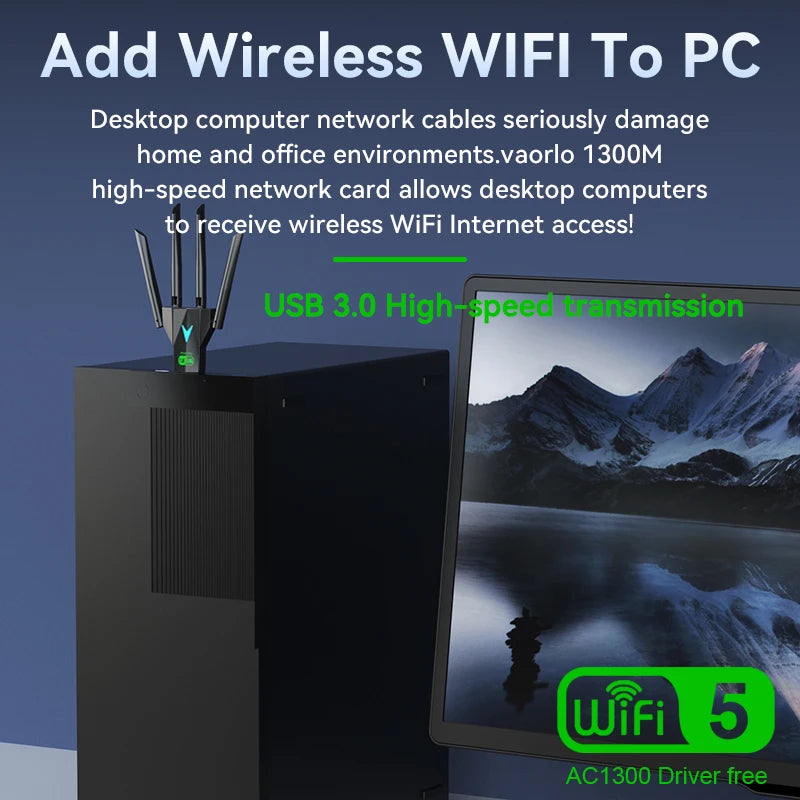 Dual Band 1300Mbps WiFi USB Adapter 2.4G/5Ghz Wi-Fi Dongle USB3.0 802.11AC 4-Antenna Wireless Receiver For PC/Laptop Driver Free Oasis Select