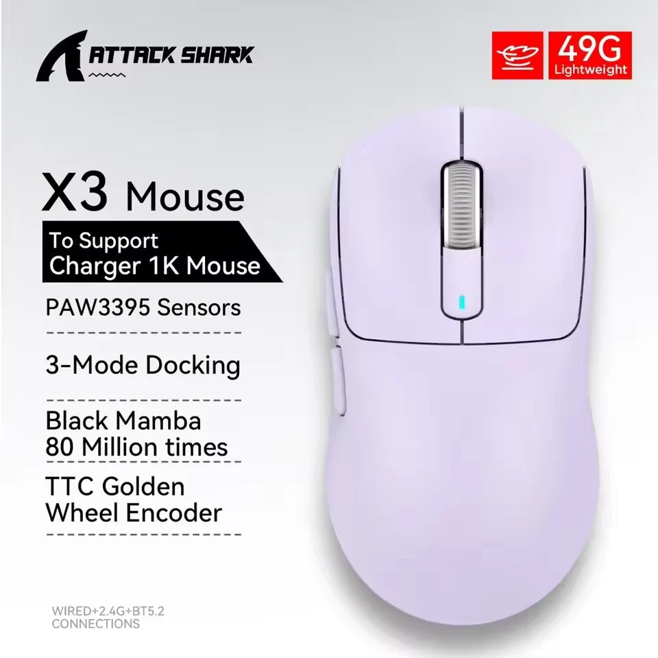 ATTACK SHARK X3 Wireless Tri Mode Gaming Mouse,49g Ergonomic PC Mouse, PAW3395 26K DPI Optical Sensor,Programmable Buttons Oasis Select X3 Lavender