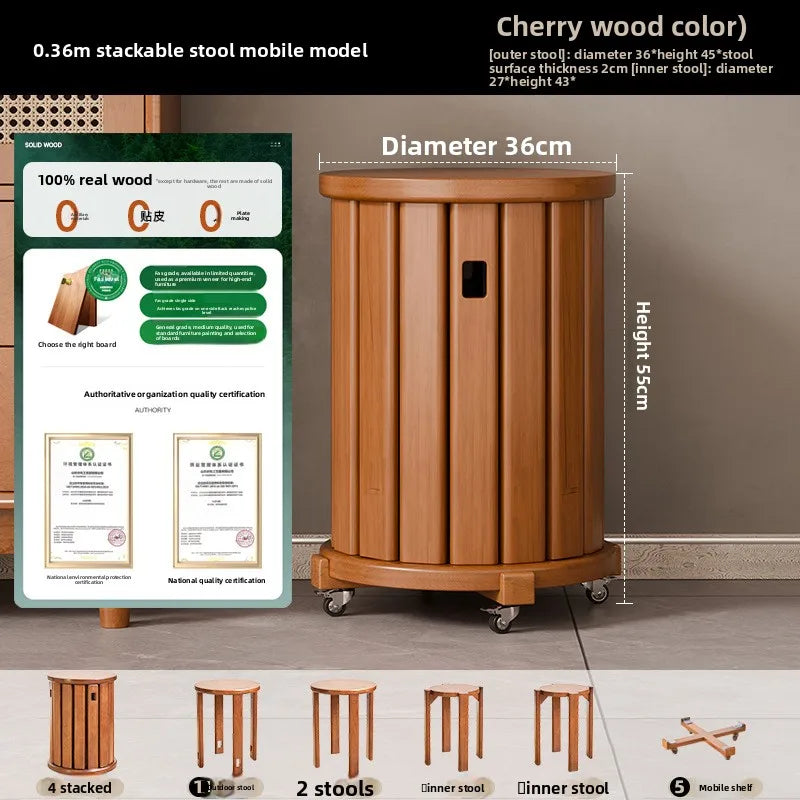 Household stools can be stacked solid wood round stools stacked low stools with pulleys wooden stools sturdy and durable Oasis Select Sakura-4A