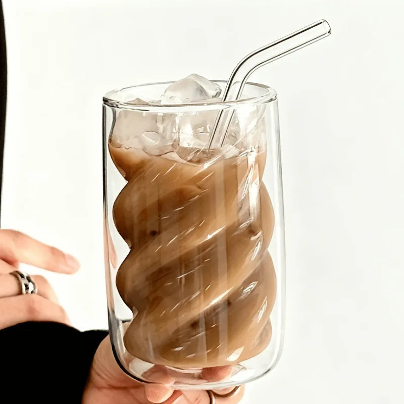 Double Wall Spiral High Borosilicate Glass Tumbler with Straw, Heat Resistant Anti-scald Reusable Cup for Iced Coffee Milk Juice Oasis Select