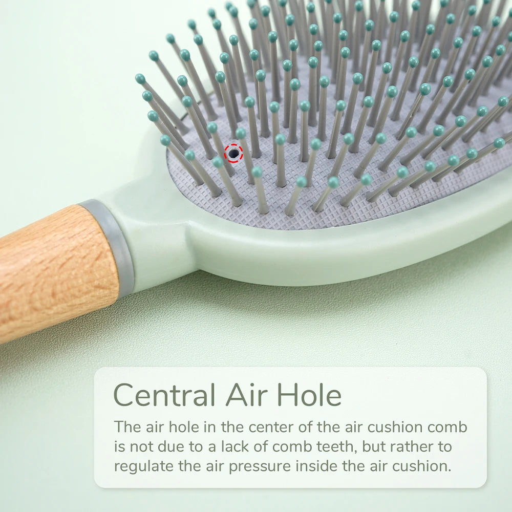 Natural Wood Handle Air Cushion Hair Brush - Soft Round-Tip Nylon Pins for Gentle Detangling & Scalp Massage Oasis Select