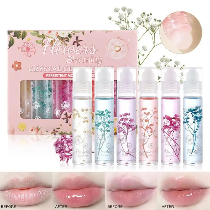 Flower Roll-On Lip Oil Set – Crystal Clear Gloss 6pc Lip Oil Gloss Set Oasis Select
