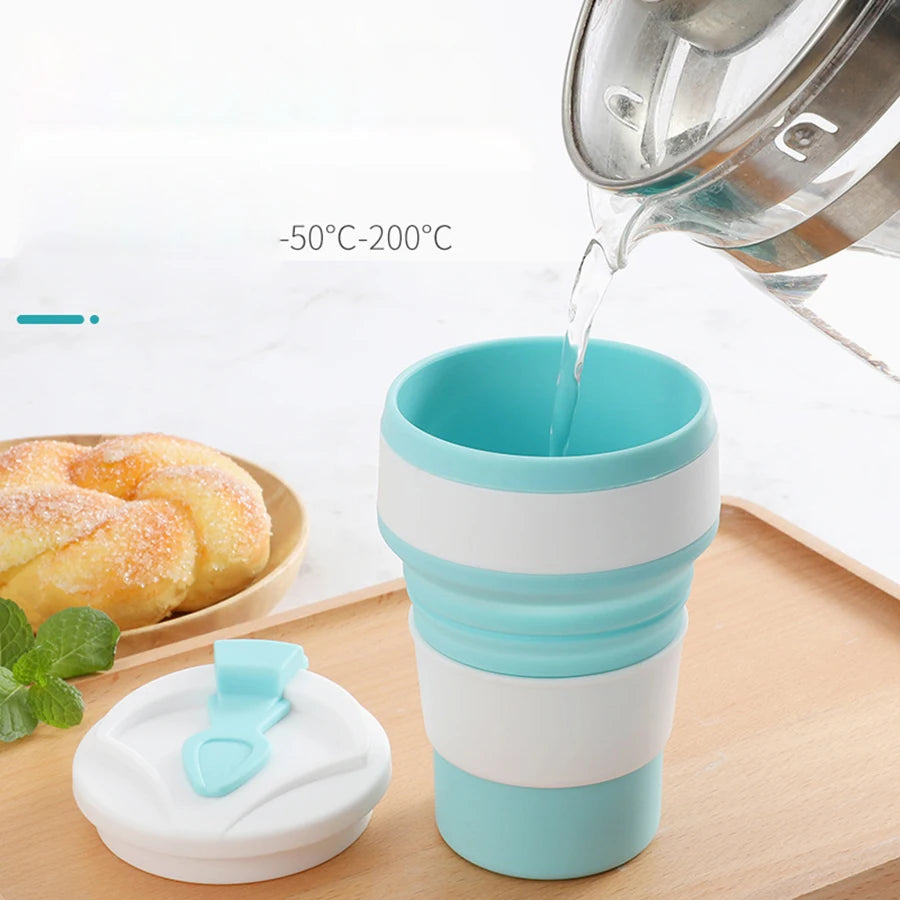 350ML Food-Grade Silicone Folding Cup, With Lid, Reusable Portable Coffee Cup, Hot Drink ,Suitable For Travel And Camping Oasis Select