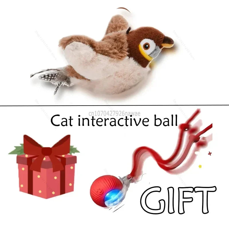 Interactive Cat Toys Rechargeable Electric Chirping Flapping Wings Bird with Catnip Cats Touch-Activated Squeaky Plush Toy Pet Oasis Select Sparrow - Red ball