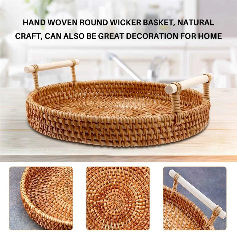 WISH Rattan Storage Tray, Round Basket With Handle, Hand-Woven, Rattan Tray Wicker Basket Bread Fruit Food Breakfast Display L Oasis Select