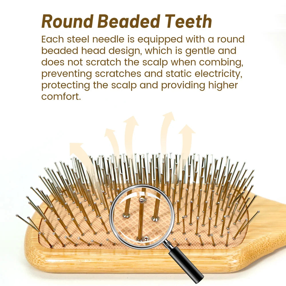 Bamboo Handle Hair Brush Steel Needle Teeth Scalp Massage Detangling Brush for Daily Hair Care Oasis Select