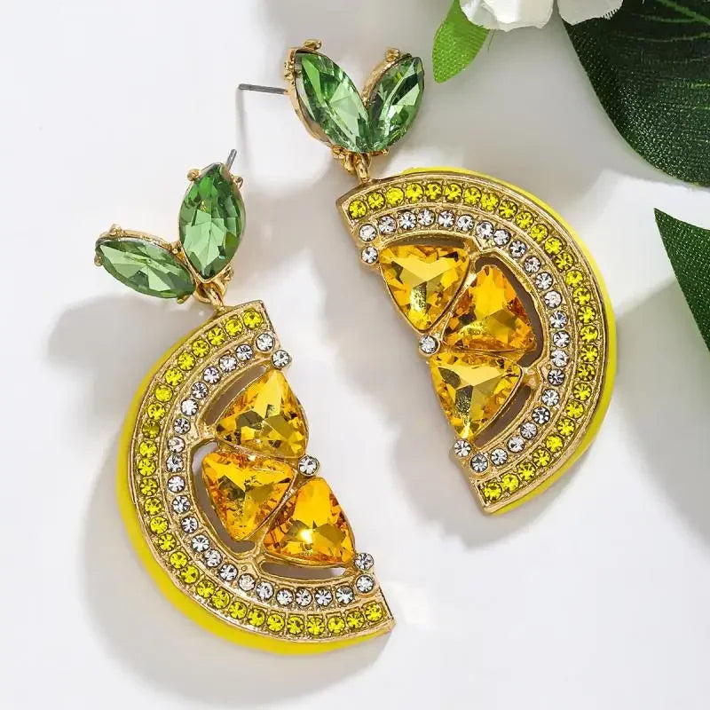 Summer Full Rhinestone Lemon Drop Dangle Earrings Fruit Pendant Stud Earrings Vacation Beach Party Jewelry Gift Oasis Select