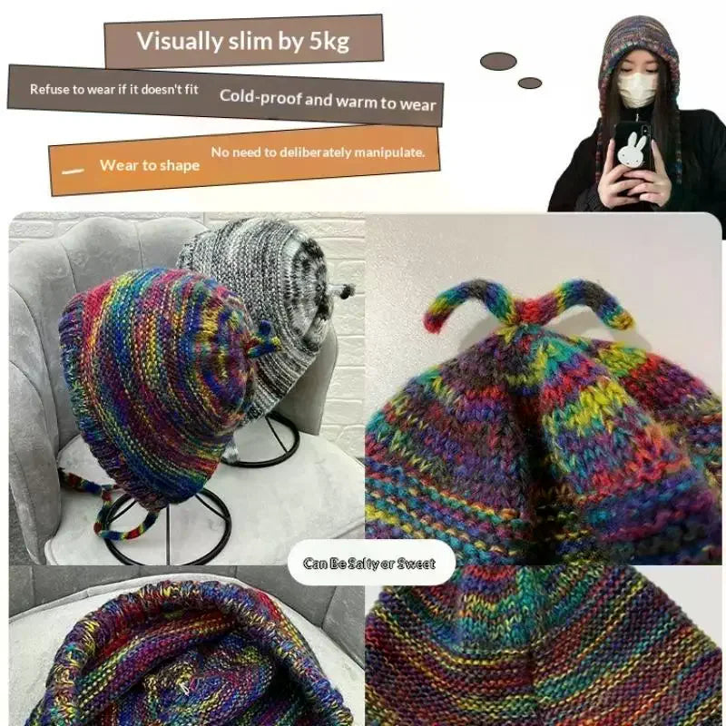 Rainbow Knit Beanie Hat – Women's Winter Warm Crochet Cap