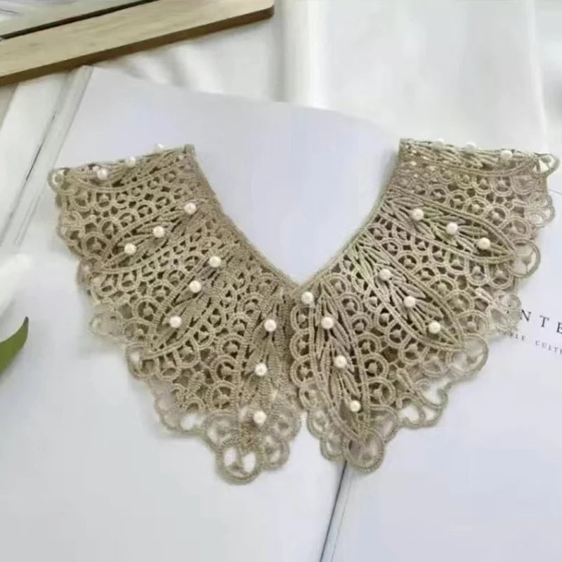 Detachable Lace Doll Collar with Pearl Shoulder Decoration Detachable Lace Collar Oasis Select Khaki