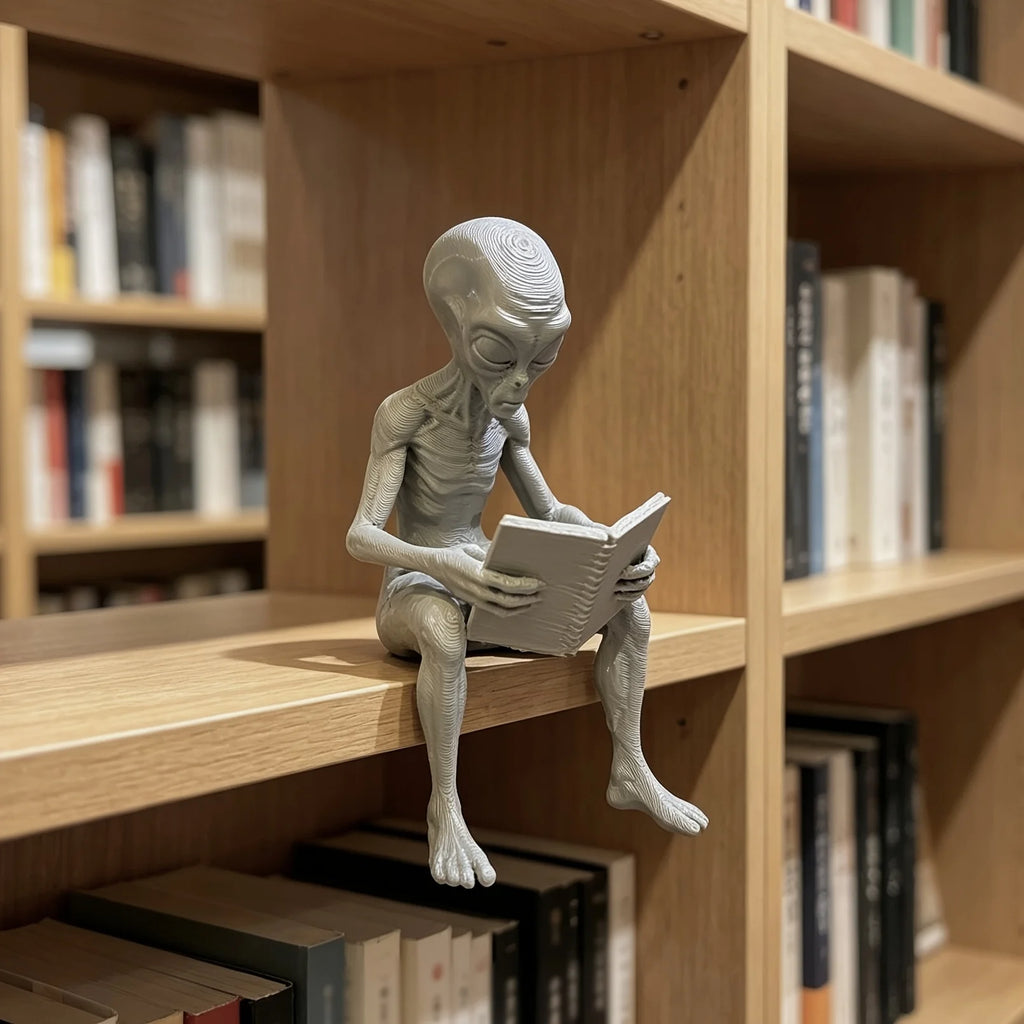 Reading Alien Mini Figurines 3D Printed Extraterrestrial Bookworm Statue Novelty Monitor Top Home Desktop Companion Office Decor Oasis Select