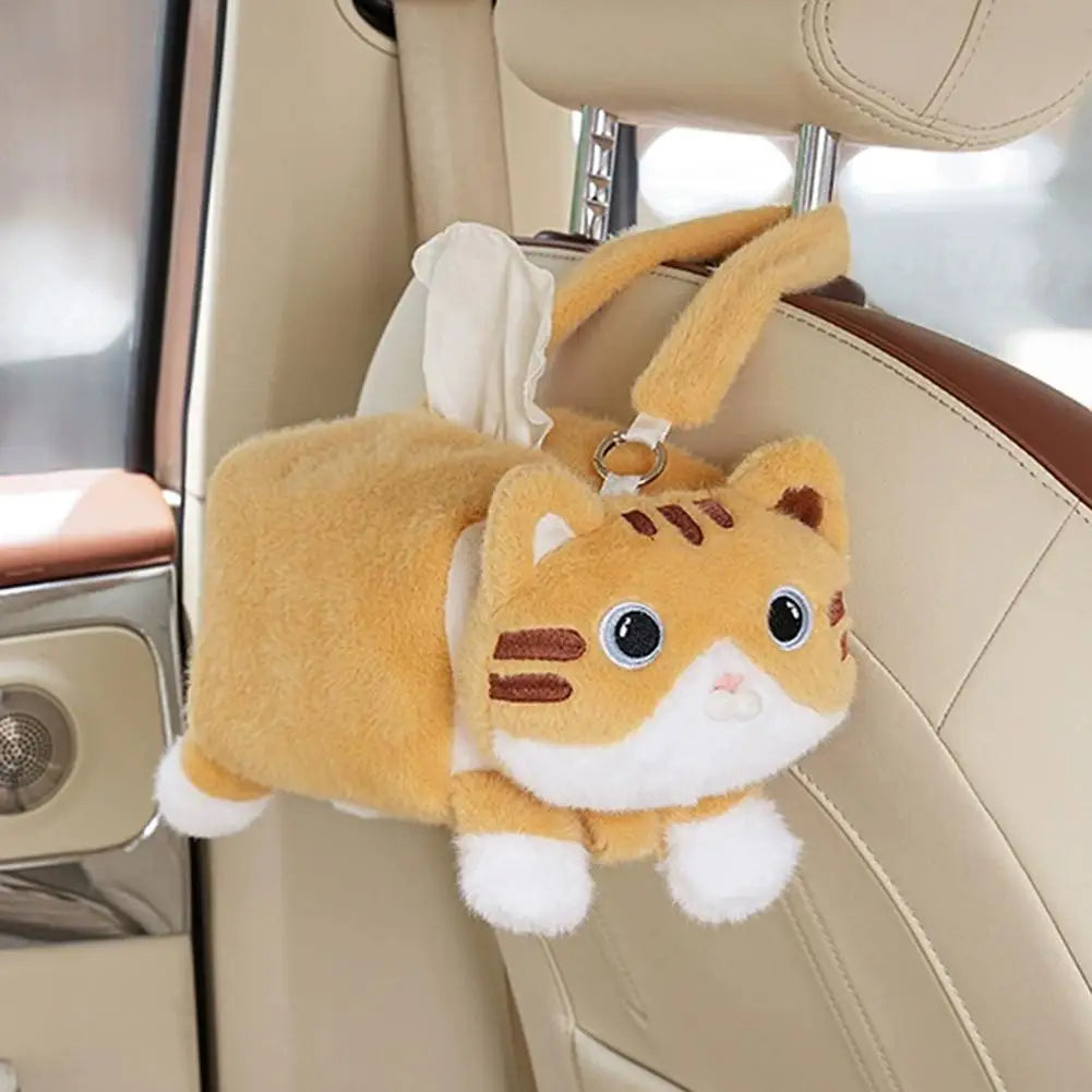 Cute Cat Plush Car Tissue Box Holder – Hanging Dispenser