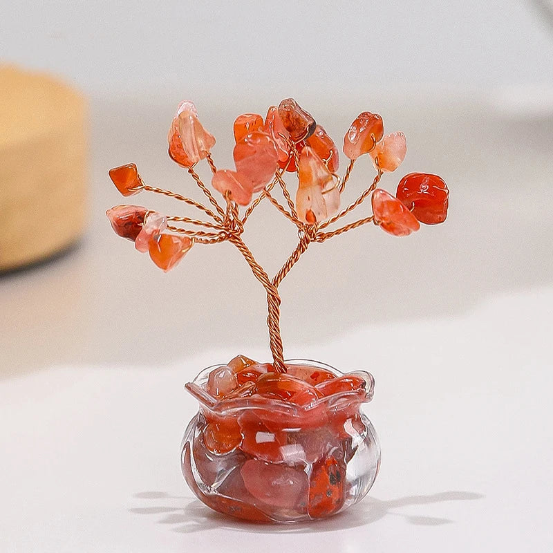 Natural Yellow Crystal Money Tree Mini Red Agate Office Desk Ornament Cartoon Feng Shui Lucky Plant Decor for Business Space Oasis Select Red