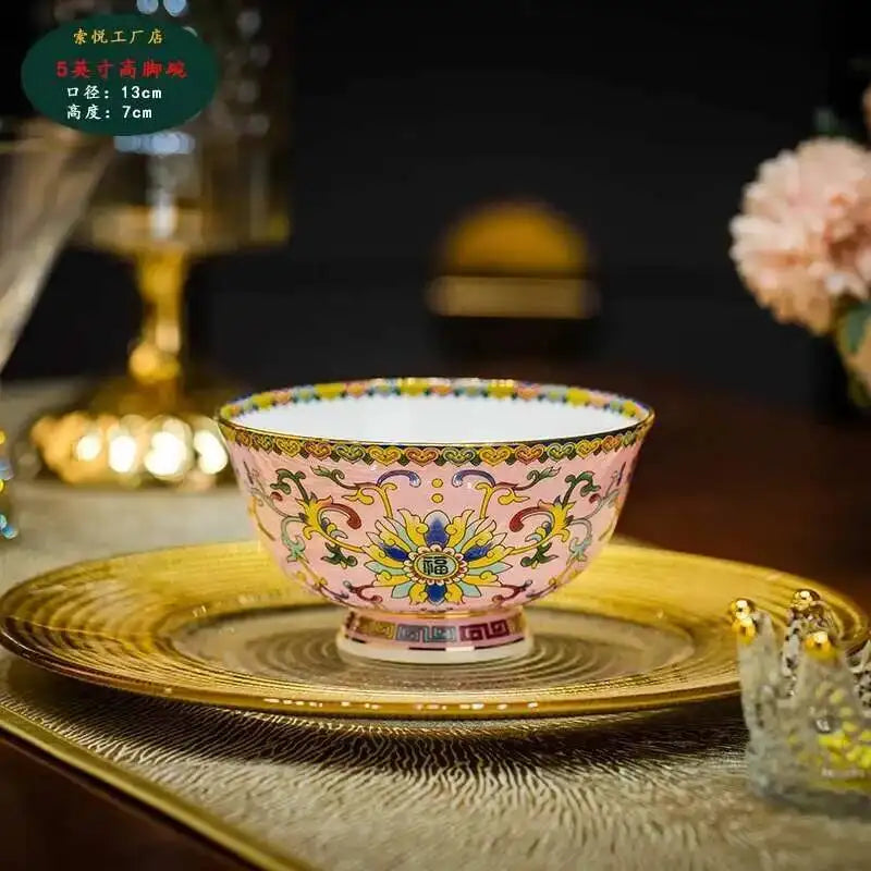 Bone China Dining Bowl Enamel Colored Chinese High Footed Rice Noodles Soup Bowl Tablewear Oasis Select 4.5inHigh Bowl-18