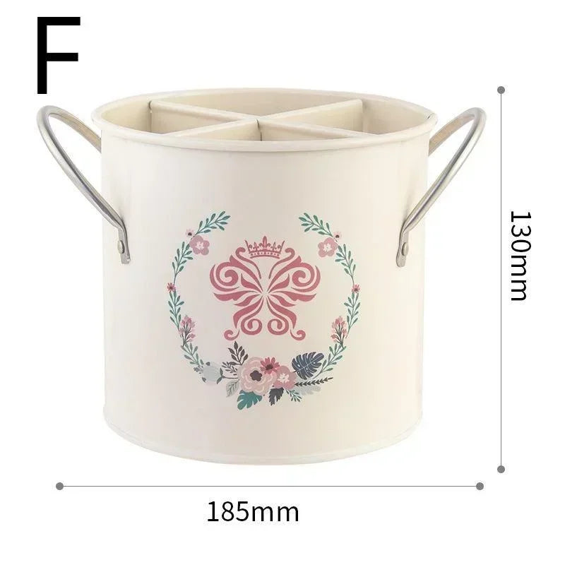 Retro Tableware Storage Bucket Draining Rack with Divider Kitchen Knife and Fork Storage Box Home Decoration for Kitchen Tools Oasis Select F