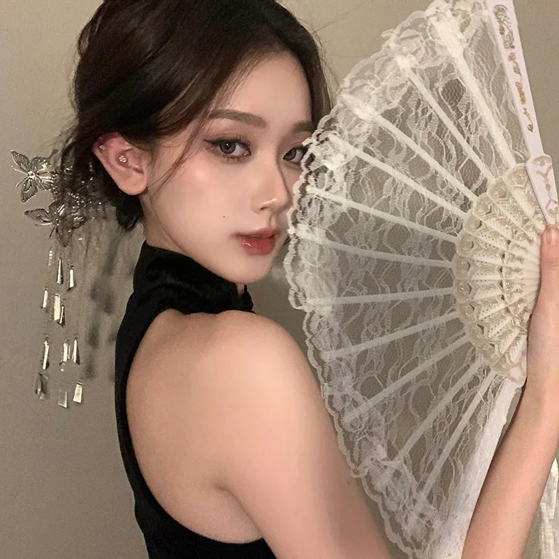 Dance Fan Ornament Ladies Lace Hand Fan Black White Cloth Folding Fans Spanish Hand for Wedding Party Favor Accessories Oasis Select