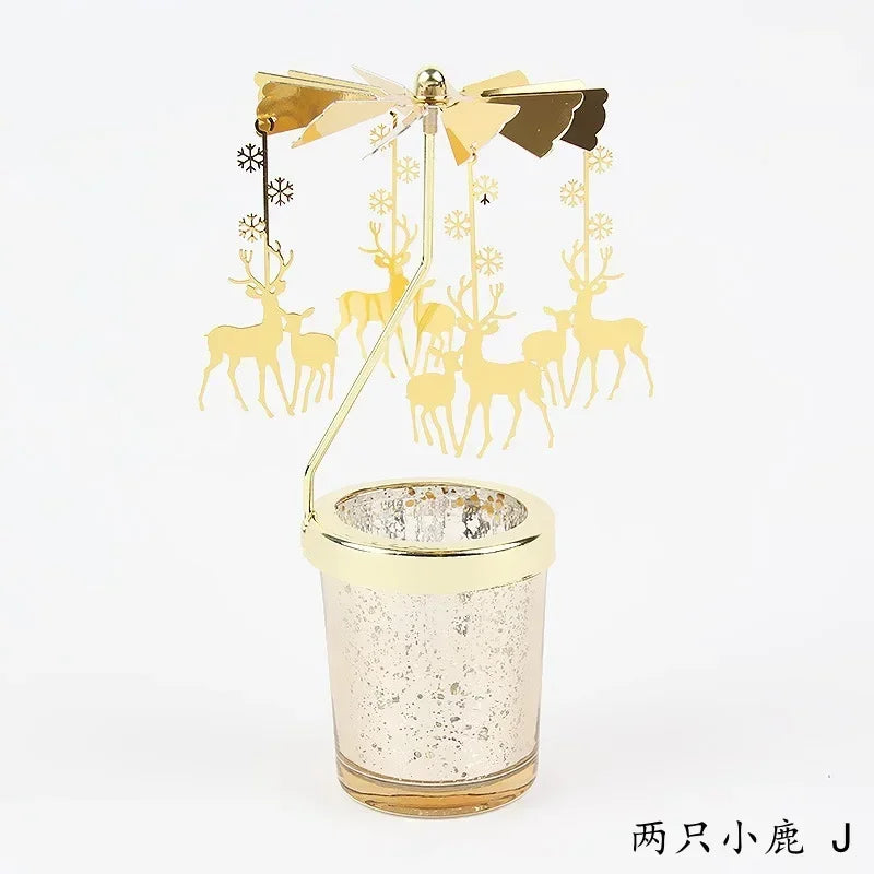 Gold Romantic Rotating Candlesticks Home Christmas Party Decoration Snowman Rotation Spinning Carrousel Tea Light Candle Holder Oasis Select J