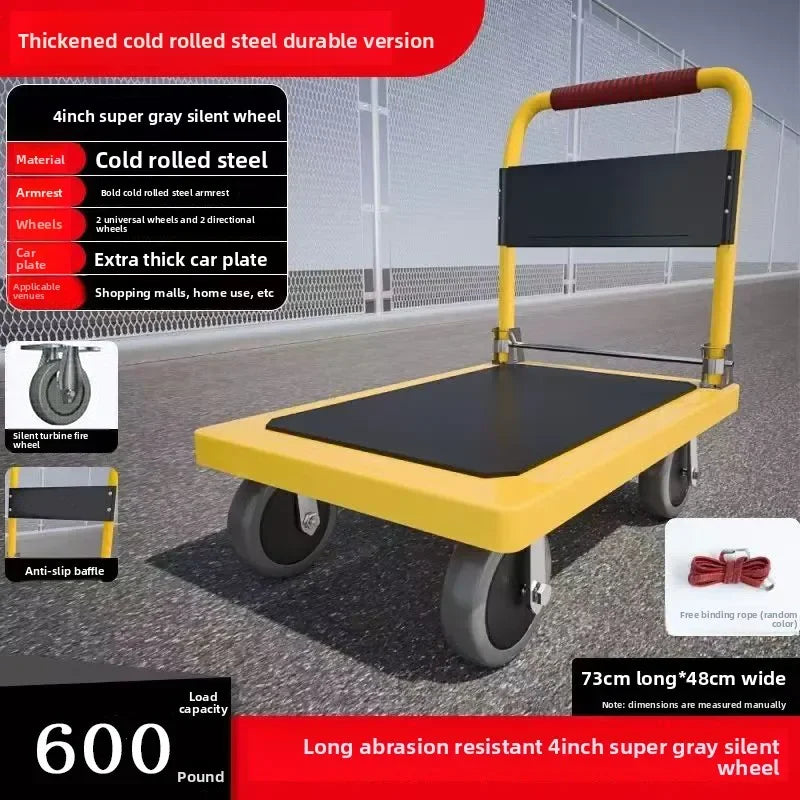 Multi-functional Color steel plate trolley Pull goods trolley Pallet flatcar Portable folding silent Oasis Select Yellow B