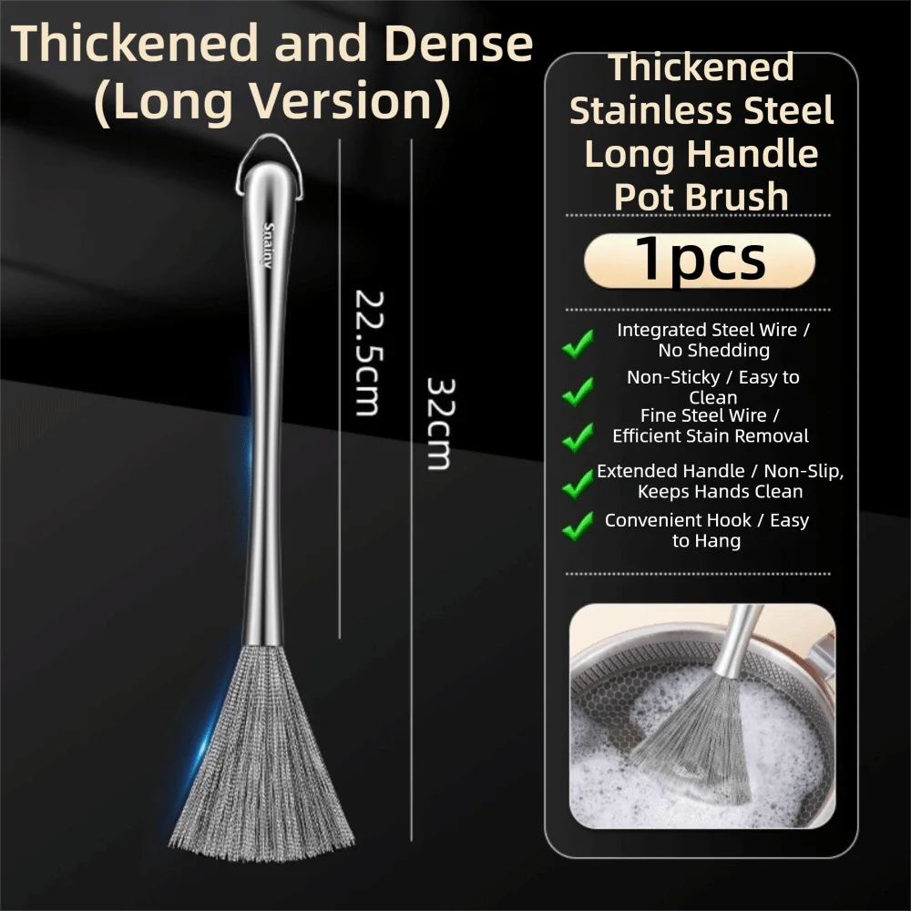 Stainless Steel Kitchen Cleaning Brush Long Handle Anti-Rust Dish Washing Brush One-piece Molded Steel Wire Pot Cleaning Tool Oasis Select Long