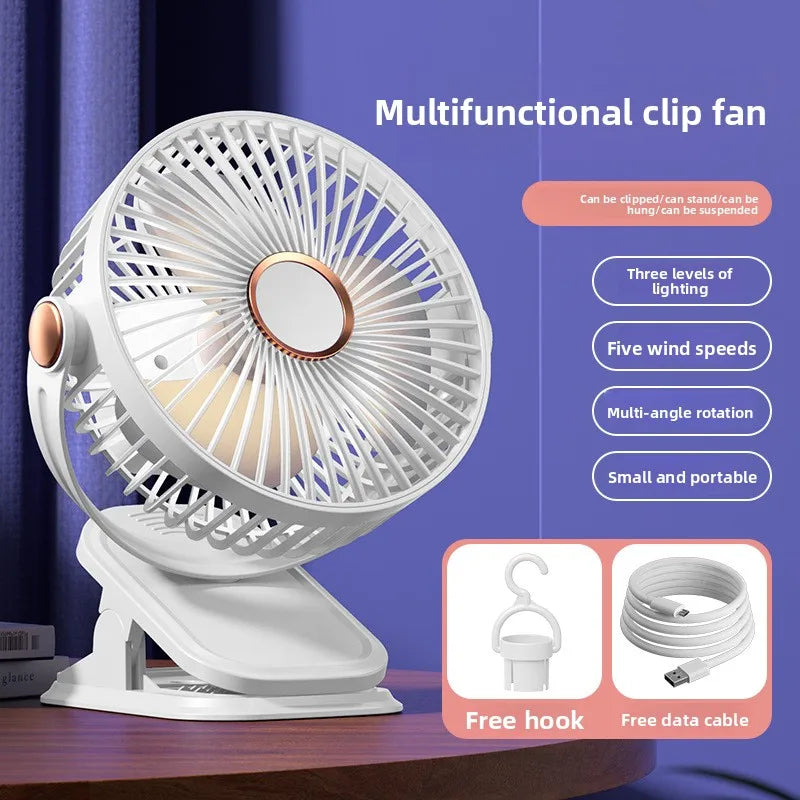 4 in 1 Clip Fan 5 Speeds 3 Night Lights 720° Rotation USB Rechargeable Brushless Motor Ultra Quiet for Home Office Dorm Camping Oasis Select WHITE