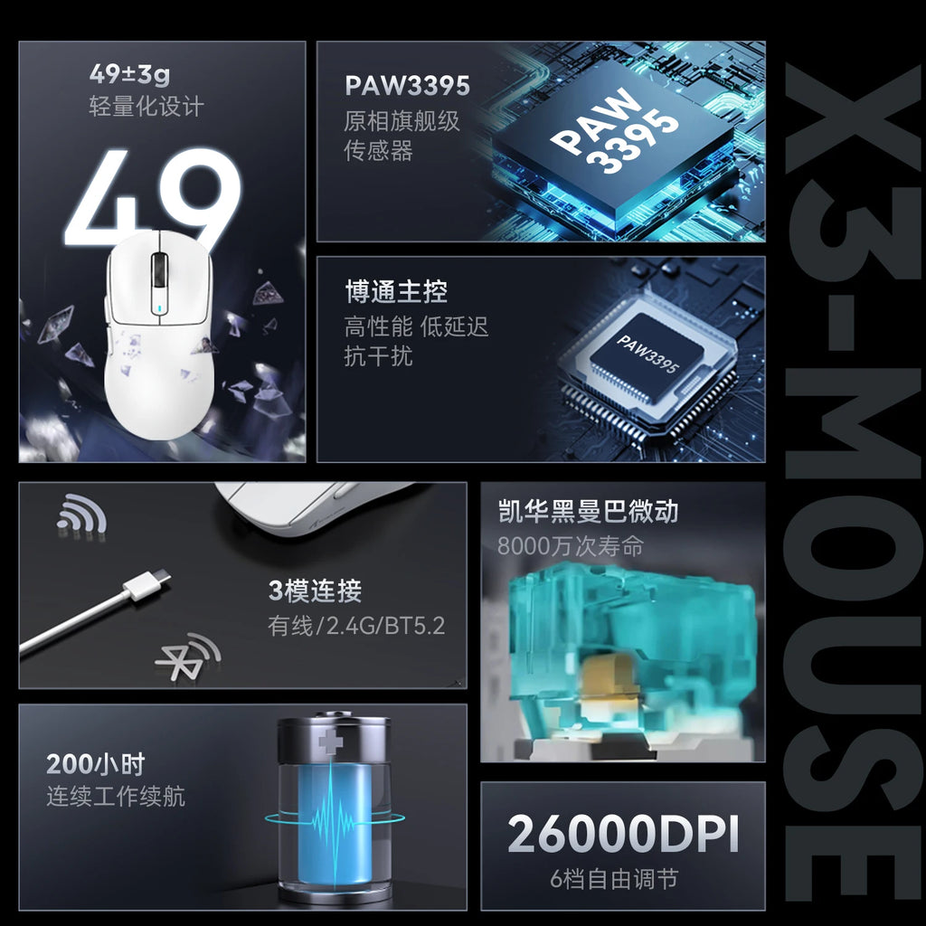 ATTACK SHARK X3 Wireless Tri Mode Gaming Mouse,49g Ergonomic PC Mouse, PAW3395 26K DPI Optical Sensor,Programmable Buttons Oasis Select