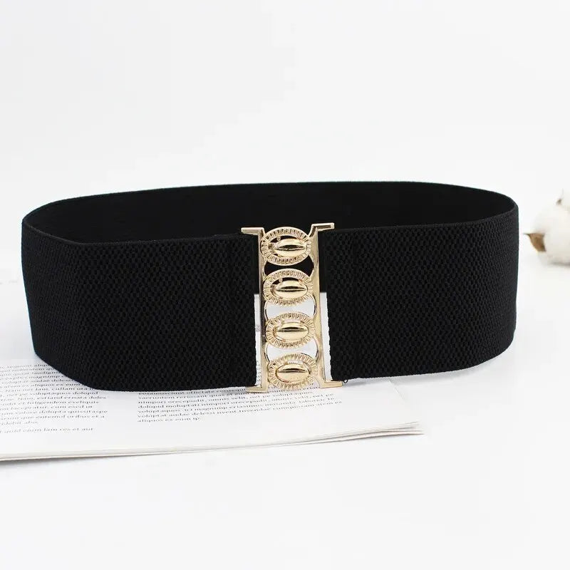 Women Belt Fashion Elastic Waist Cover Golden Buckle Elastic Waist Closure Versatile Wide Belt Paired With Dress Coat Lady Belts Oasis Select