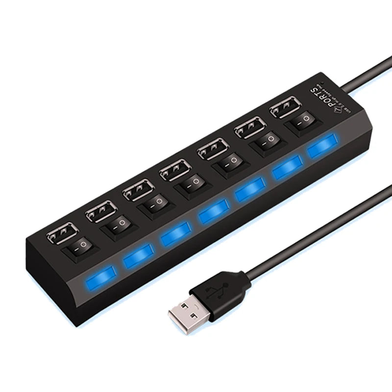 High Speed 4/7 Ports USB HUB 2.0 Adapter Expander Multi USB Splitter Multiple Extender with LED Lamp Switch for PC Laptop Oasis Select