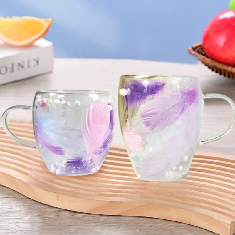 250/350ML Double Wall Coffee Mug with Handles Clear Milk Cups Gifts Glass Cup Household Office Fill Simulation Feather Teacup Oasis Select