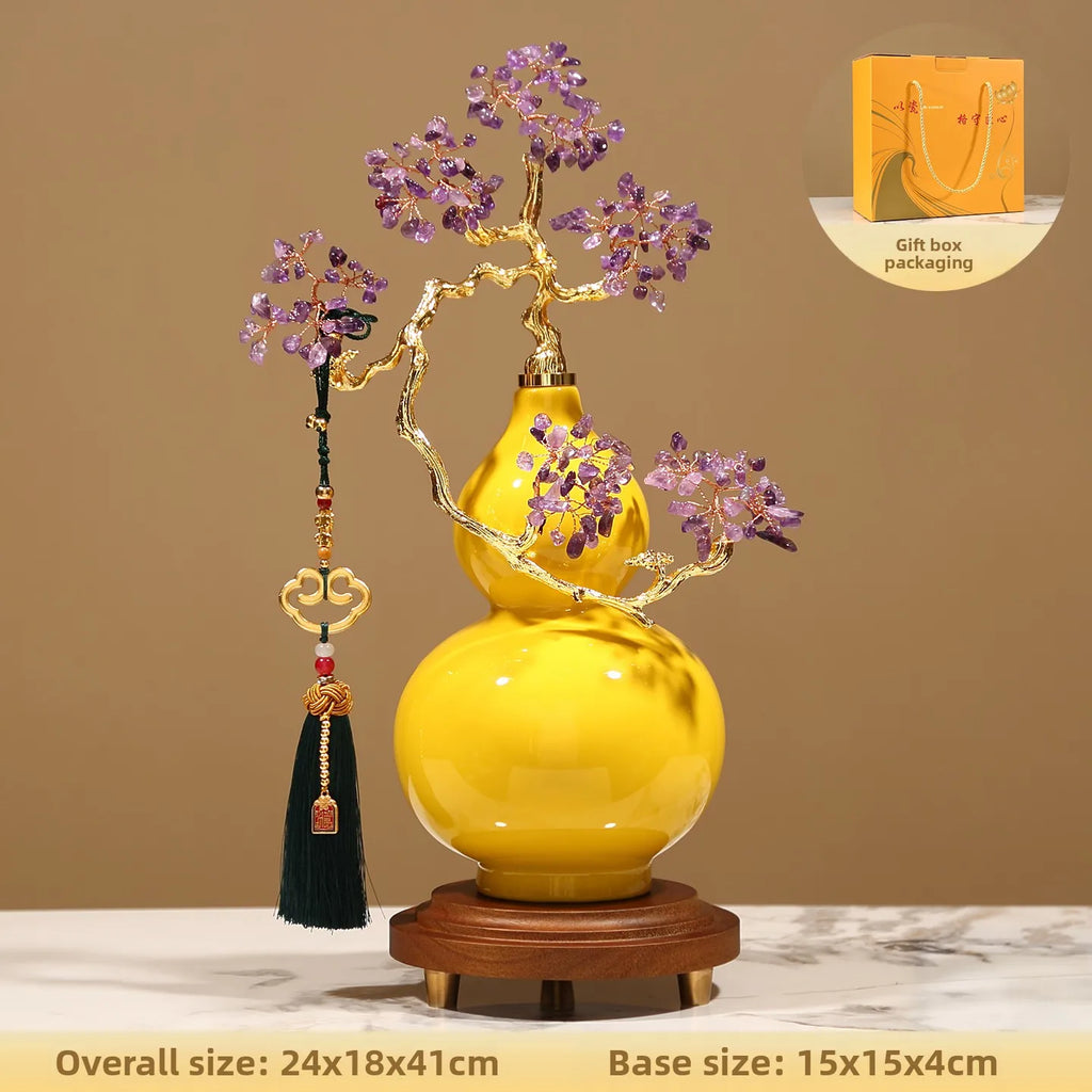 Crystal Stone Gourd Sculpture for Living Room Entrance Wine Cabinet Office Art Craft Decoration Housewarming Gift Oasis Select Yellow 24X18X41cm