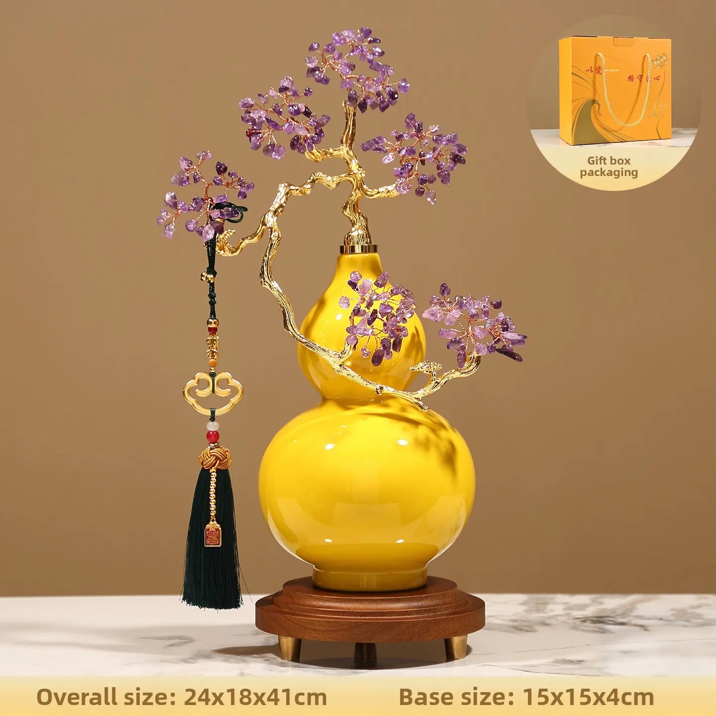 Crystal Stone Gourd Sculpture for Living Room Entrance Wine Cabinet Office Art Craft Decoration Housewarming Gift Oasis Select Yellow 24X18X41cm