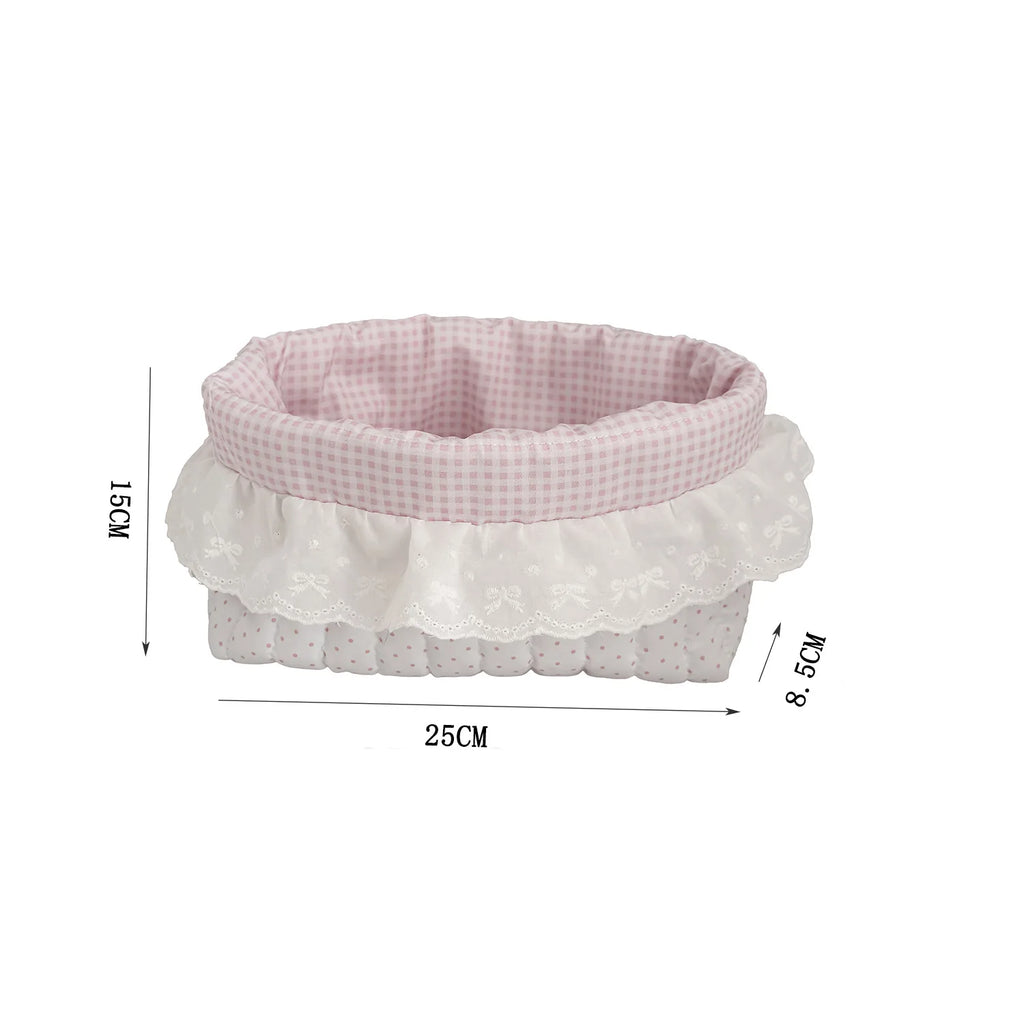 Polka Dot Ruffled Storage Foldable Quilting Cotton Cloth Storage Basket Oval Lace Storage Box Pink Dots Desktop Storage Basket Oasis Select white