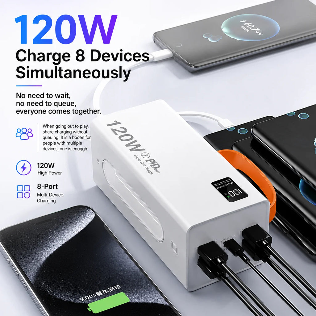 Ultra Portable 50000mAh Power Bank 120W Fast Charging External Battery, Built-in Cable Universal Powerbank for iOS Android Oasis Select