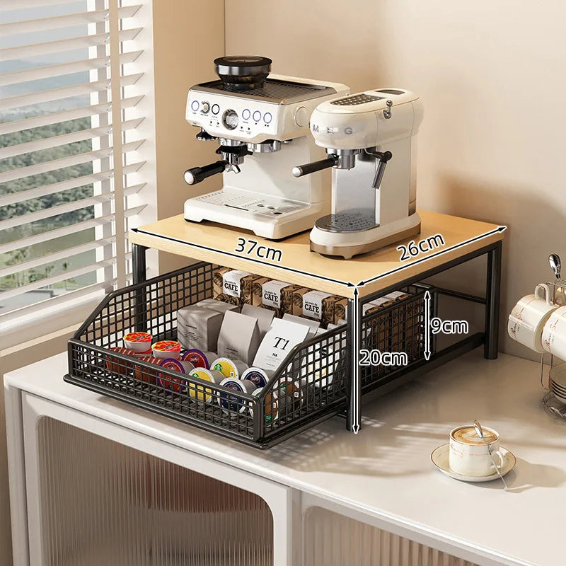 Metal and Wood Microwave Rack with Pull Out Drawer Multi Layer Countertop Kitchen Organizer for Coffee Maker Utensils and Tea Oasis Select