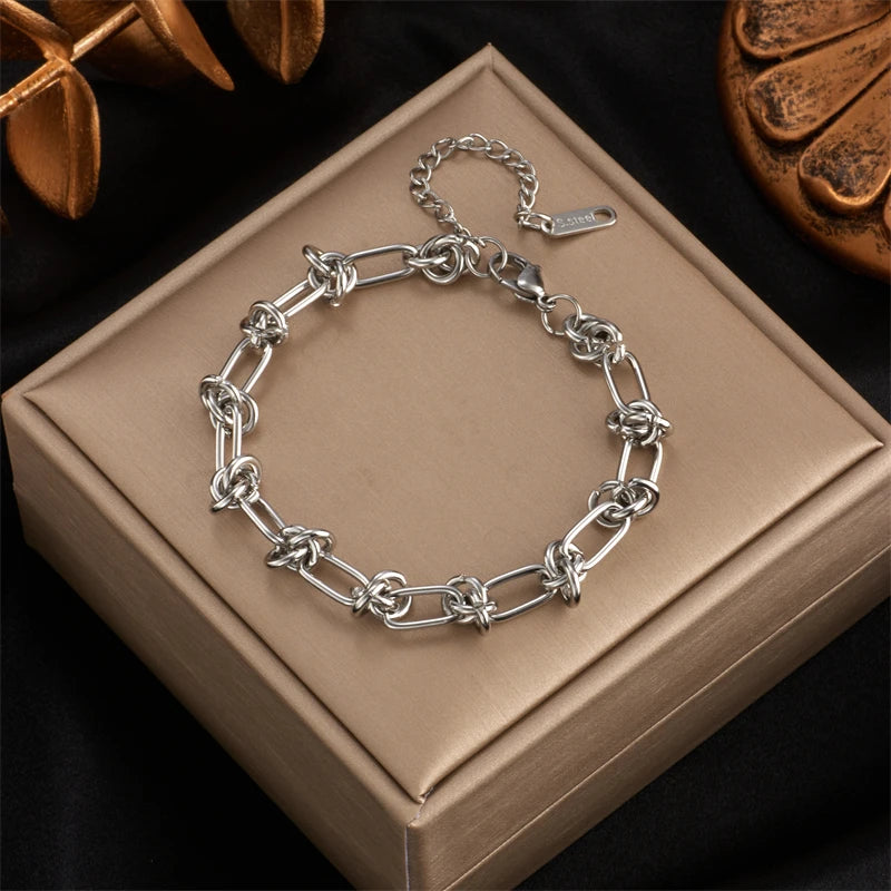 Stainless Steel Gold Silver Color Twist Knot Necklace Bracelets For Womens Girl New Fashion Non-fading Jewelry Set Oasis Select Silver bracelet