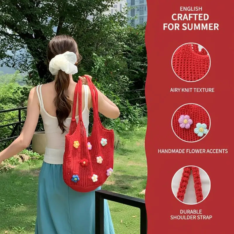 Floral Woven Shoulder Bag – Lightweight Women's Beach Tote