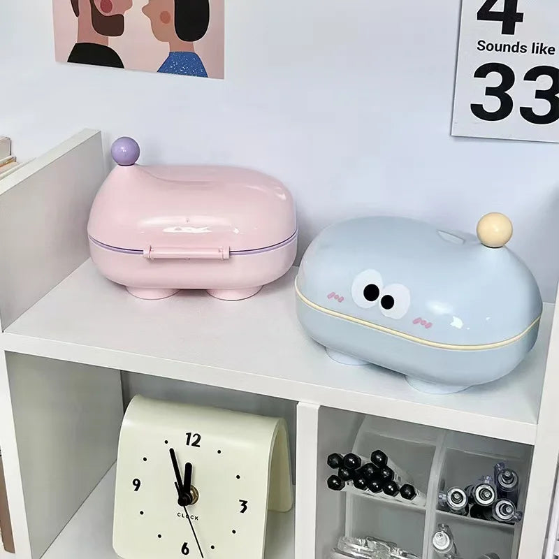 Flip-top Soap Box Big-eyed Cute Household Draining Soap Holder with Lid Cartoon Soap Box for Student Dormitorie Bathroom Storage Oasis Select