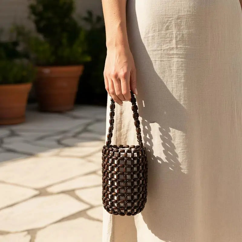 Retro Handmade Wooden Bead Woven Bucket Bag Creative Handbag Women Mini Hollow Bucket Bag Summer Wrist Bag Oasis Select